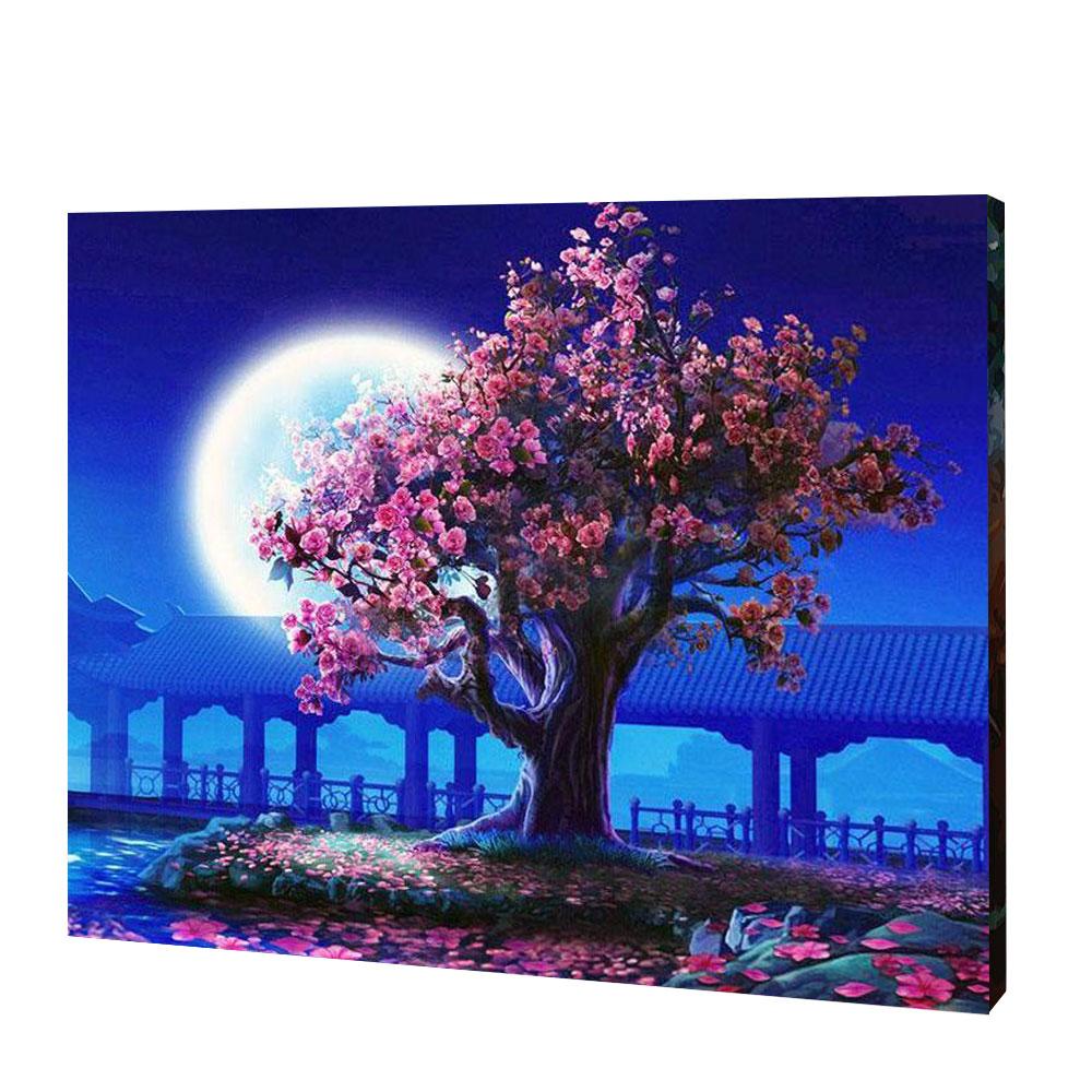 Cherry Blossoms Tree By Moonlight | Diamond Painting