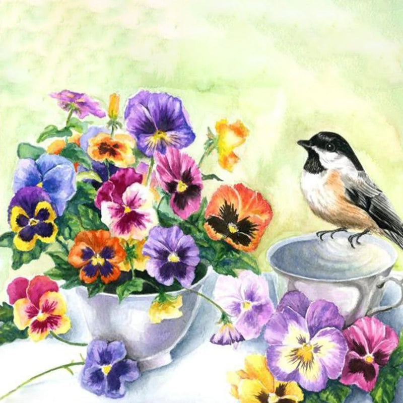 Bird With Pansy flowers | Diamond Painting